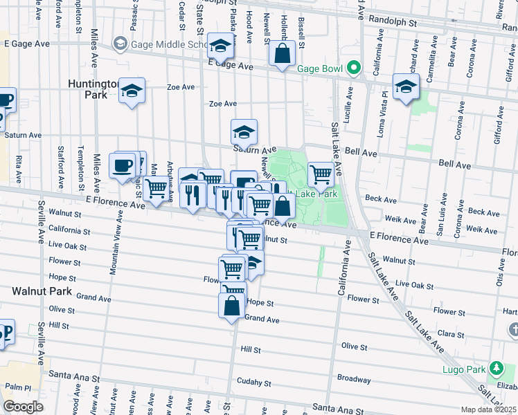map of restaurants, bars, coffee shops, grocery stores, and more near 7122 Hood Avenue in Huntington Park
