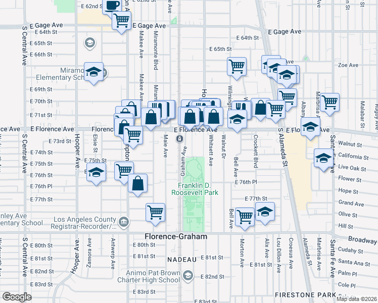 map of restaurants, bars, coffee shops, grocery stores, and more near 7314 Beach Street in Los Angeles