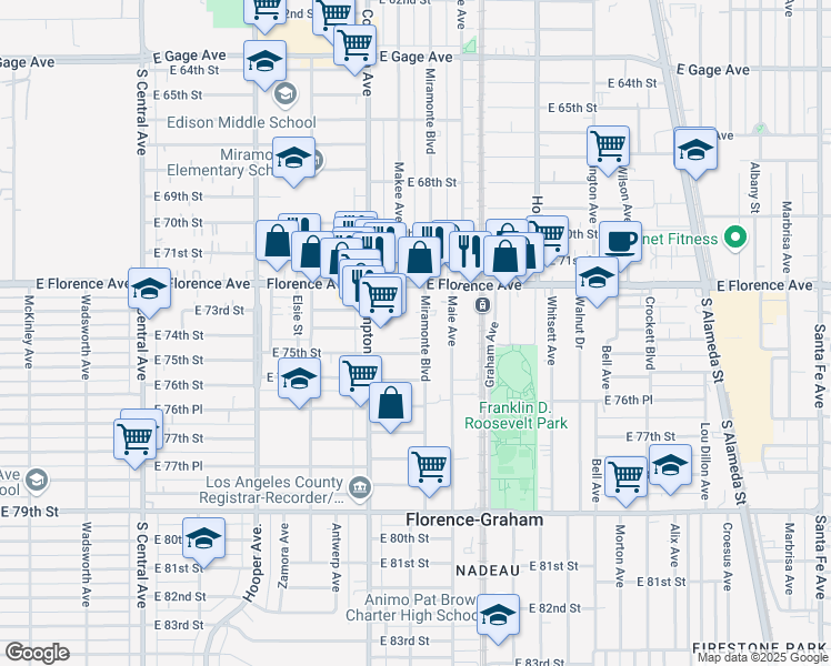 map of restaurants, bars, coffee shops, grocery stores, and more near 7316 Compton Avenue in Los Angeles