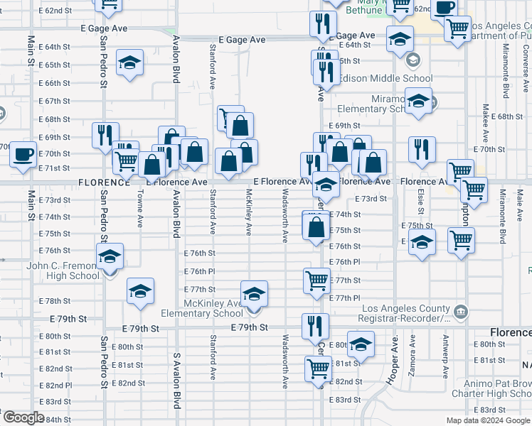 map of restaurants, bars, coffee shops, grocery stores, and more near 816 East 73rd Street in Los Angeles