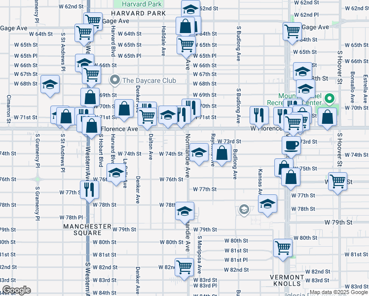 map of restaurants, bars, coffee shops, grocery stores, and more near 7303 Normandie Avenue in Los Angeles