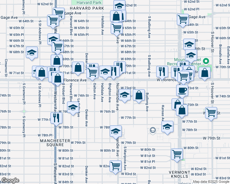map of restaurants, bars, coffee shops, grocery stores, and more near 7303 Normandie Avenue in Los Angeles