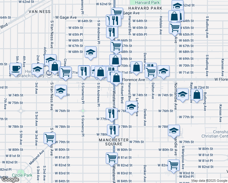 map of restaurants, bars, coffee shops, grocery stores, and more near 7301 South Western Avenue in Los Angeles