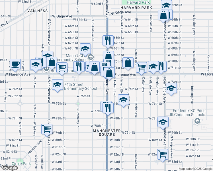 map of restaurants, bars, coffee shops, grocery stores, and more near 7301 South Western Avenue in Los Angeles