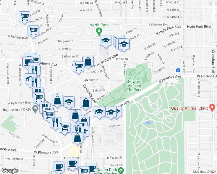 map of restaurants, bars, coffee shops, grocery stores, and more near 555 East Hazel Street in Inglewood