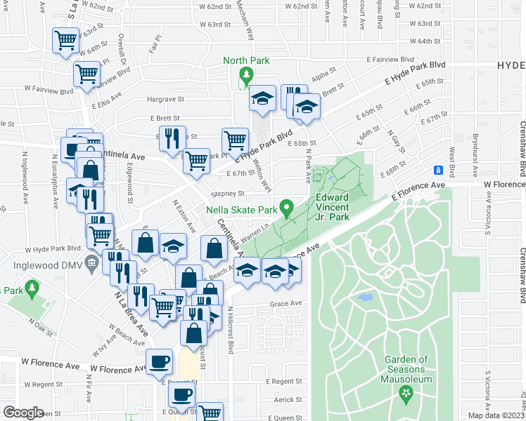 map of restaurants, bars, coffee shops, grocery stores, and more near 555 East Hazel Street in Inglewood