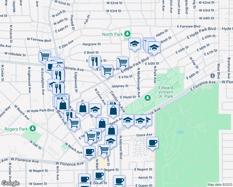 map of restaurants, bars, coffee shops, grocery stores, and more near 566 Centinela Avenue in Inglewood