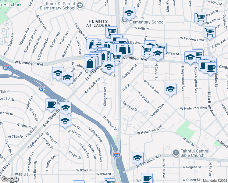 map of restaurants, bars, coffee shops, grocery stores, and more near 7001 Ramsgate Avenue in Los Angeles