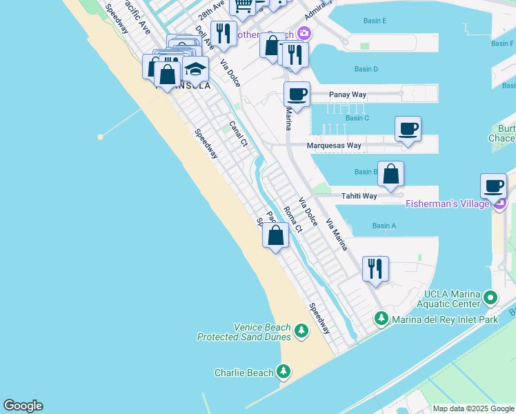 map of restaurants, bars, coffee shops, grocery stores, and more near 28 Ketch Street in Marina del Rey