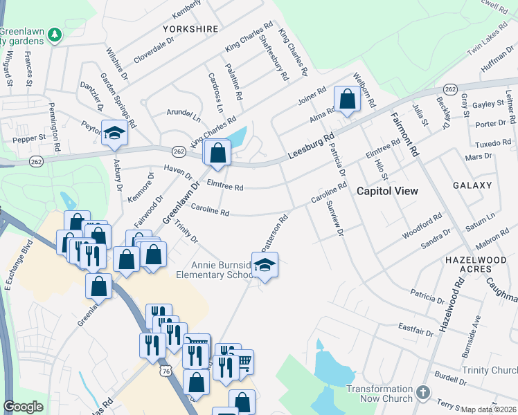 map of restaurants, bars, coffee shops, grocery stores, and more near 1475 Caroline Road in Columbia
