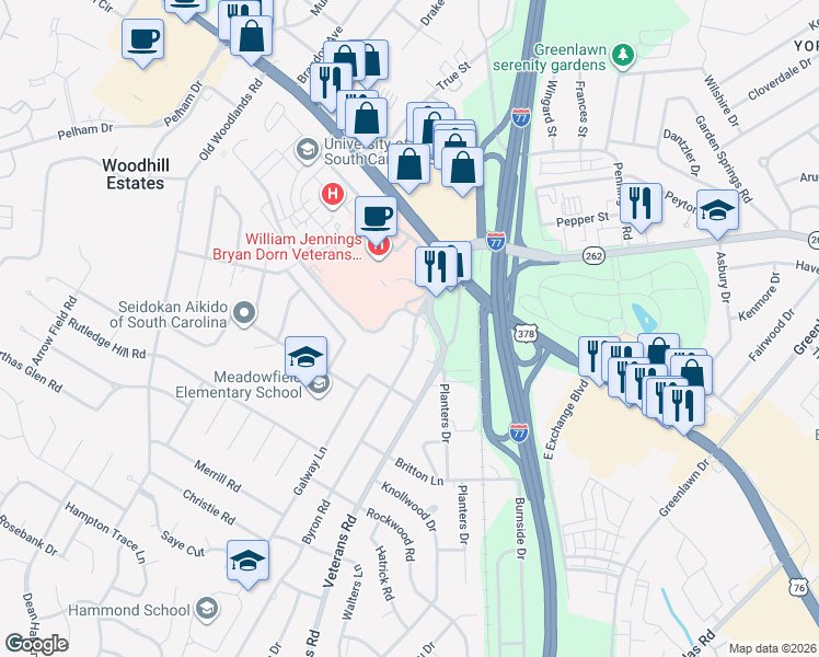 map of restaurants, bars, coffee shops, grocery stores, and more near 211 Veterans Road in Columbia