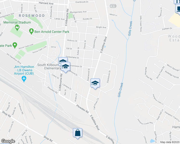 map of restaurants, bars, coffee shops, grocery stores, and more near 1312 Deerwood Street in Columbia