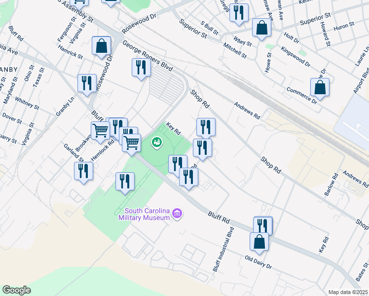 map of restaurants, bars, coffee shops, grocery stores, and more near 59 Key Road in Columbia