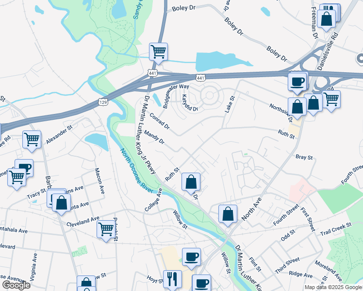map of restaurants, bars, coffee shops, grocery stores, and more near 190 Conrad Drive in Athens