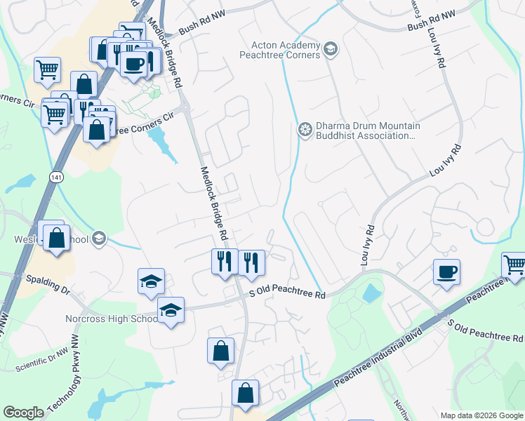 map of restaurants, bars, coffee shops, grocery stores, and more near 5090 Bankside Way in Norcross