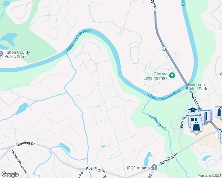 map of restaurants, bars, coffee shops, grocery stores, and more near 5025 Oak Bluff Court in Atlanta