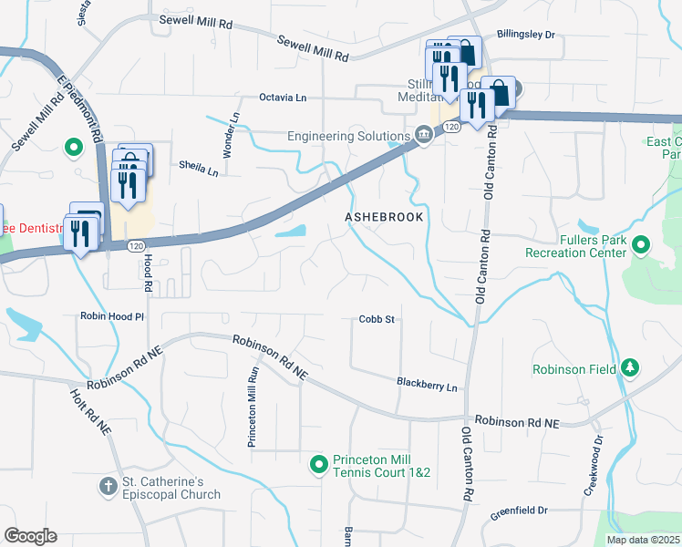 map of restaurants, bars, coffee shops, grocery stores, and more near 999 Ashebrooke Way Northeast in Marietta