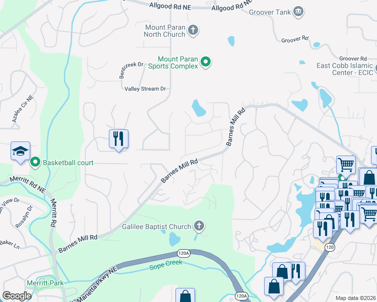 map of restaurants, bars, coffee shops, grocery stores, and more near 902 Mill Stone Drive in Marietta