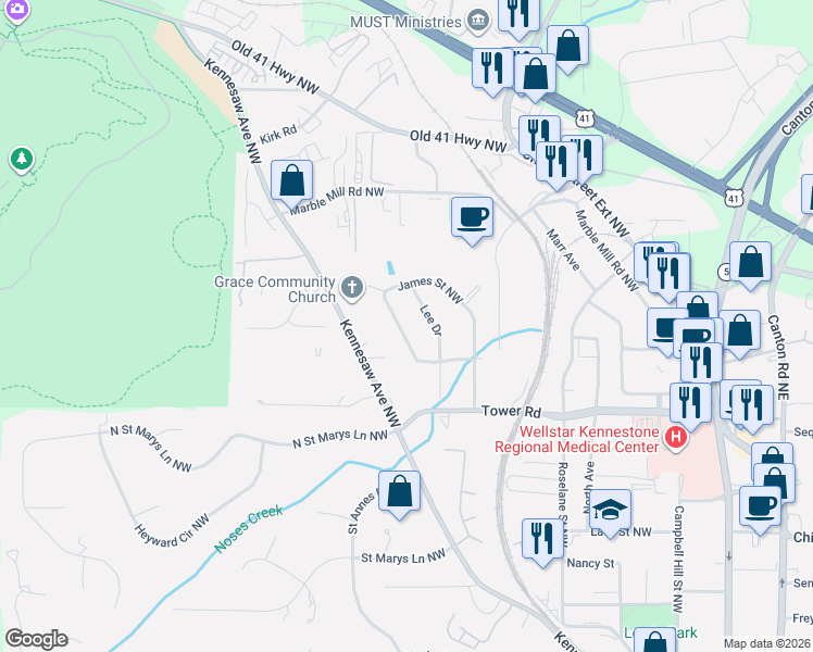 map of restaurants, bars, coffee shops, grocery stores, and more near 895 Lee Drive in Marietta