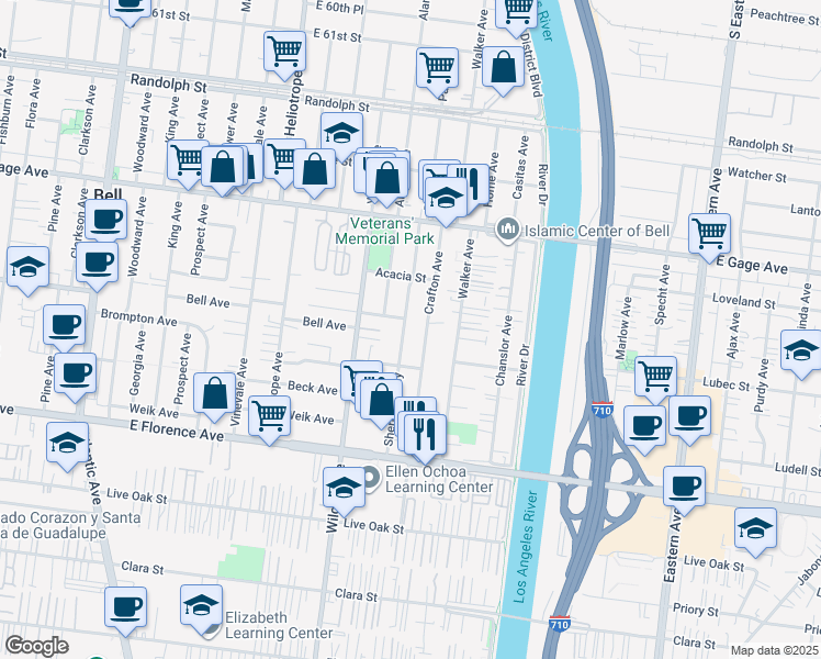 map of restaurants, bars, coffee shops, grocery stores, and more near 6720 Sherman Way in Bell