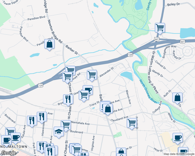 map of restaurants, bars, coffee shops, grocery stores, and more near 972 Barber Street in Athens