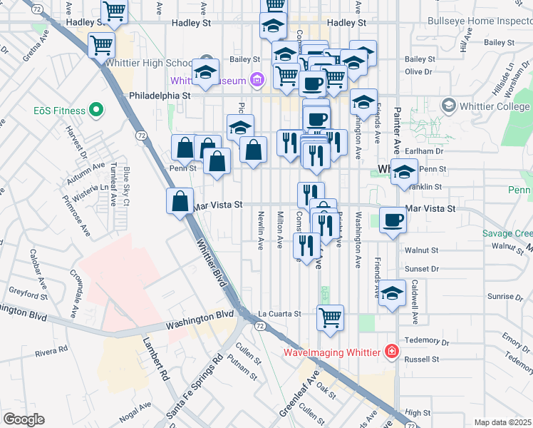 map of restaurants, bars, coffee shops, grocery stores, and more near in Whittier