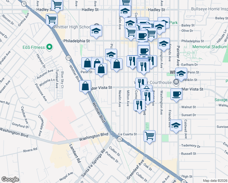 map of restaurants, bars, coffee shops, grocery stores, and more near 7614 Pickering Avenue in Whittier