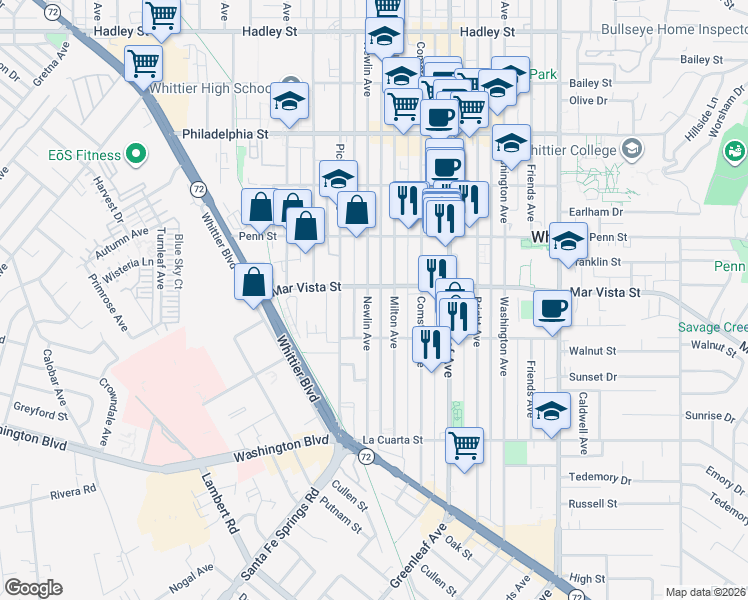 map of restaurants, bars, coffee shops, grocery stores, and more near 7612 Newlin Avenue in Whittier