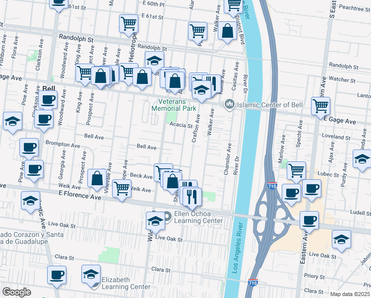 map of restaurants, bars, coffee shops, grocery stores, and more near 6720 Sherman Way in Bell