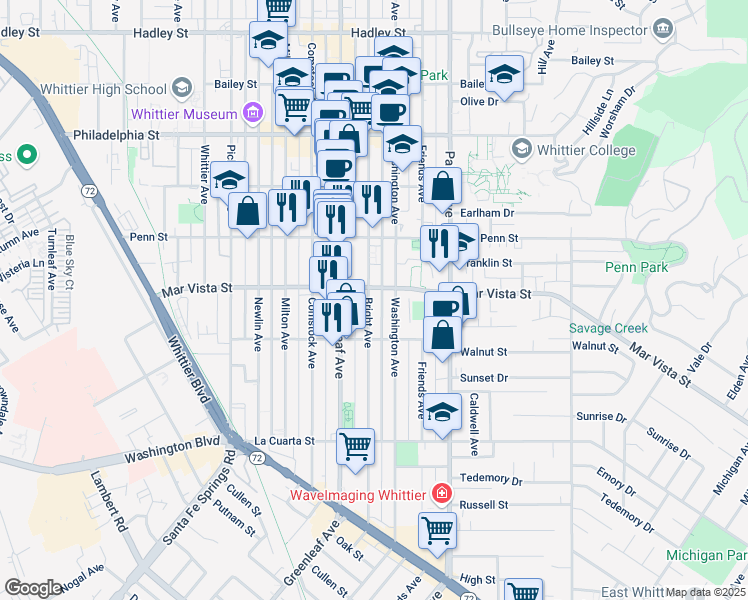 map of restaurants, bars, coffee shops, grocery stores, and more near 7612 Bright Avenue in Whittier