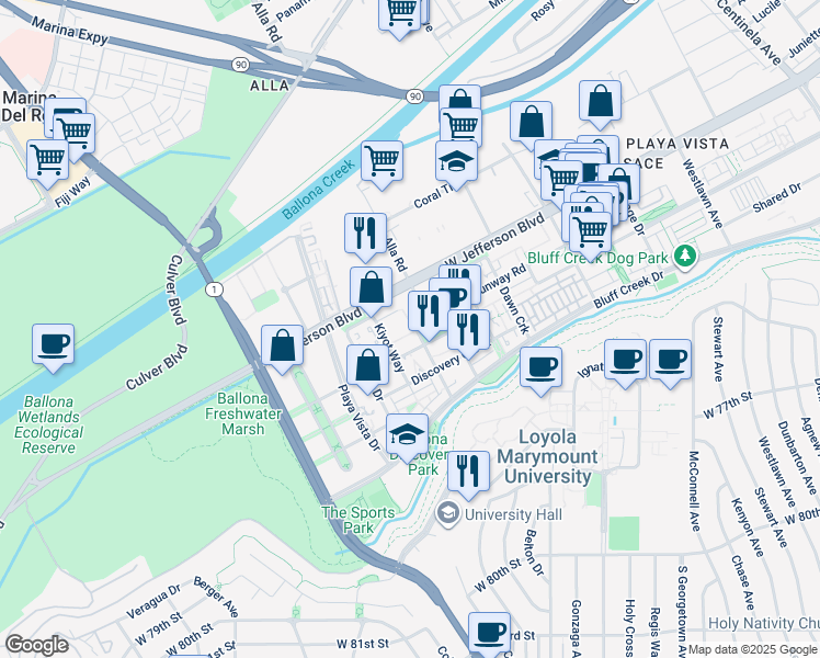 map of restaurants, bars, coffee shops, grocery stores, and more near 13045 Pacific Promenade in Los Angeles