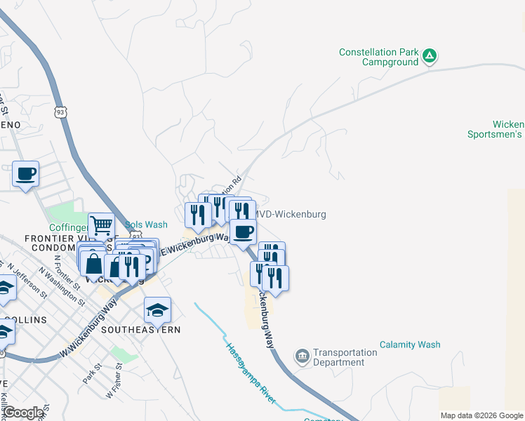 map of restaurants, bars, coffee shops, grocery stores, and more near 590 El Recreo Court in Wickenburg