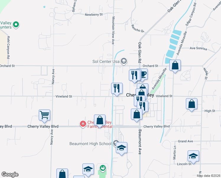 map of restaurants, bars, coffee shops, grocery stores, and more near 38961 Lewis Court in Cherry Valley