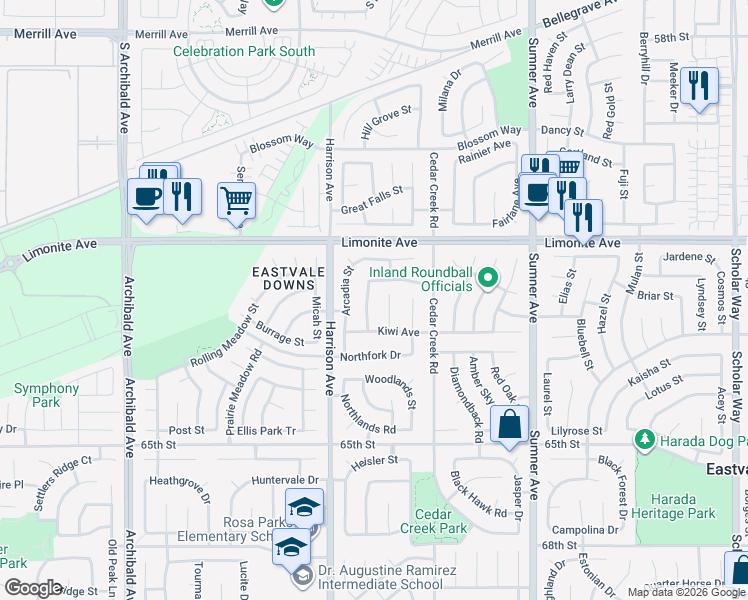 map of restaurants, bars, coffee shops, grocery stores, and more near 6330 La Mesa Street in Corona