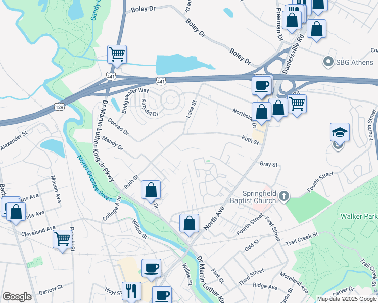 map of restaurants, bars, coffee shops, grocery stores, and more near 111 Cherry Lane in Athens