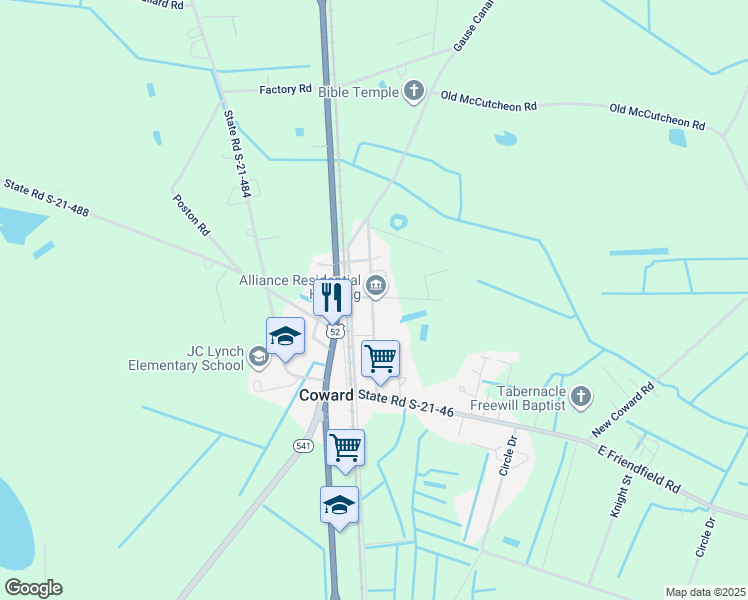 map of restaurants, bars, coffee shops, grocery stores, and more near in Coward