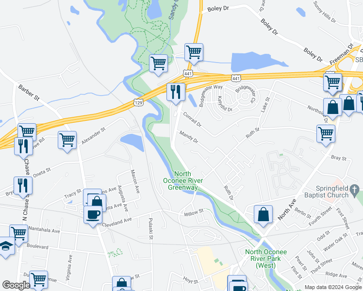 map of restaurants, bars, coffee shops, grocery stores, and more near 165 Peeks Point in Athens