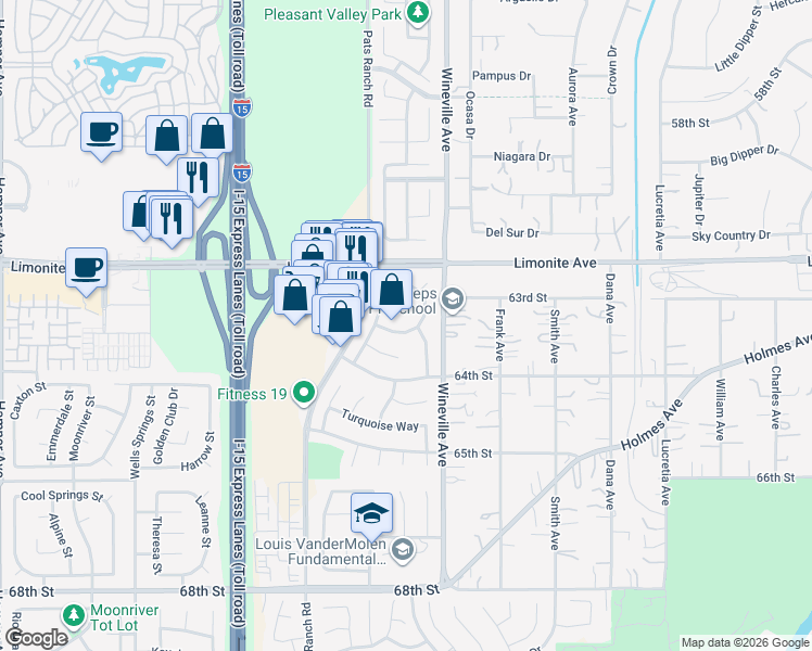 map of restaurants, bars, coffee shops, grocery stores, and more near in Jurupa Valley