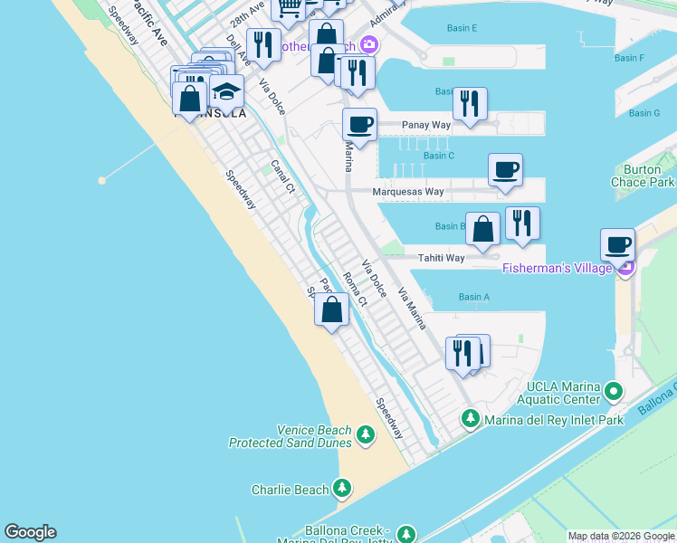 map of restaurants, bars, coffee shops, grocery stores, and more near 114 Mast Court in Marina del Rey