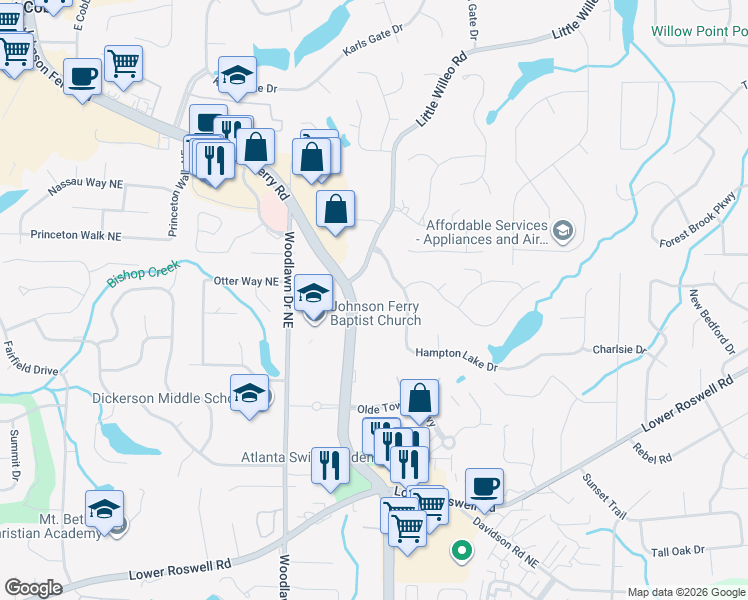 map of restaurants, bars, coffee shops, grocery stores, and more near 1010 Johnson Ferry Road in Marietta