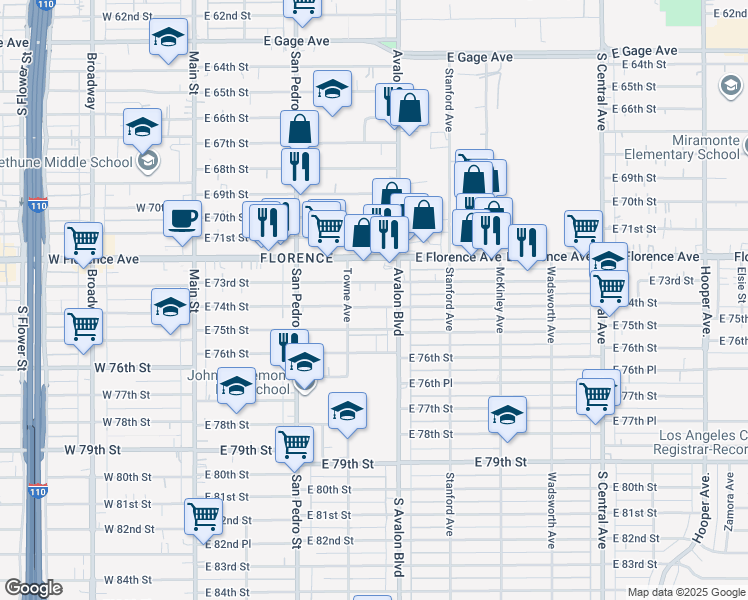 map of restaurants, bars, coffee shops, grocery stores, and more near 433 East 74th Street in Los Angeles