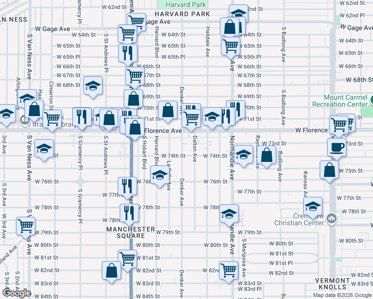 map of restaurants, bars, coffee shops, grocery stores, and more near 7307 South Denker Avenue in Los Angeles