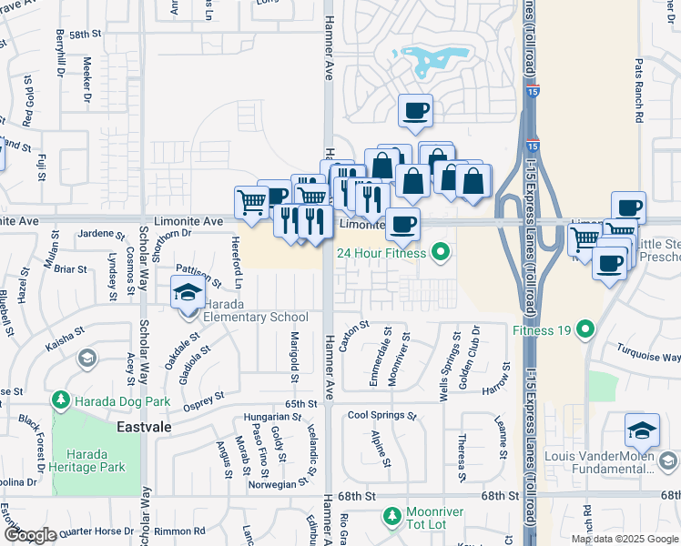 map of restaurants, bars, coffee shops, grocery stores, and more near in Jurupa Valley