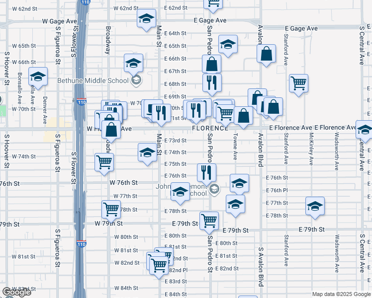 map of restaurants, bars, coffee shops, grocery stores, and more near 158 East 73rd Street in Los Angeles