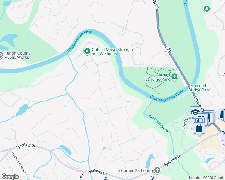 map of restaurants, bars, coffee shops, grocery stores, and more near 5025 Oak Bluff Court in Atlanta