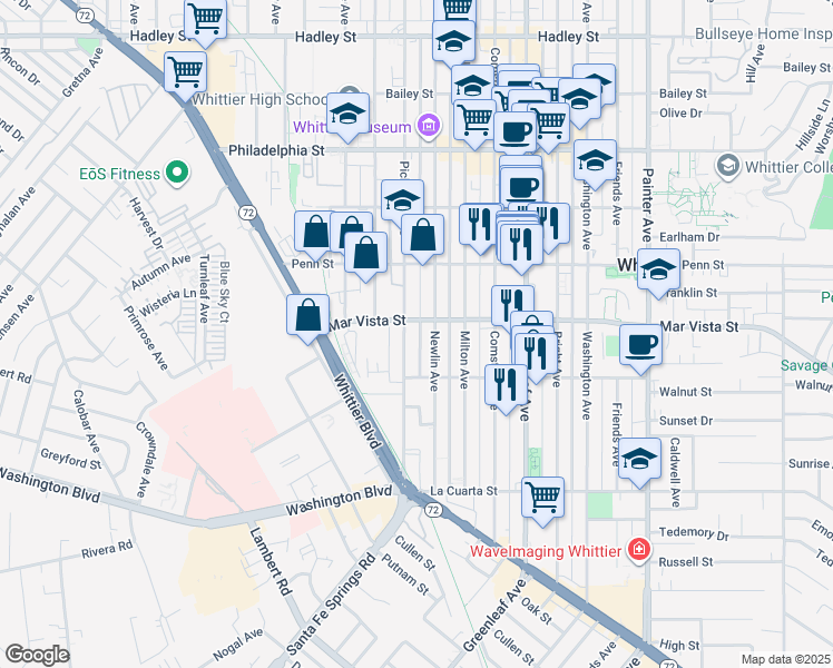 map of restaurants, bars, coffee shops, grocery stores, and more near 7614 Pickering Avenue in Whittier