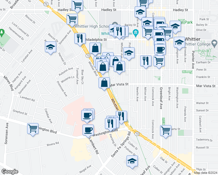map of restaurants, bars, coffee shops, grocery stores, and more near in Whittier