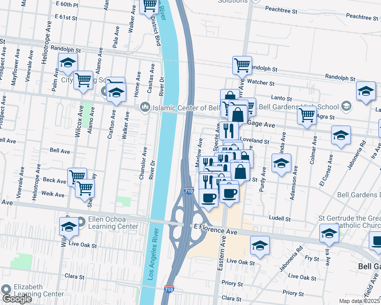 map of restaurants, bars, coffee shops, grocery stores, and more near 6606 Selfland Avenue in Bell Gardens