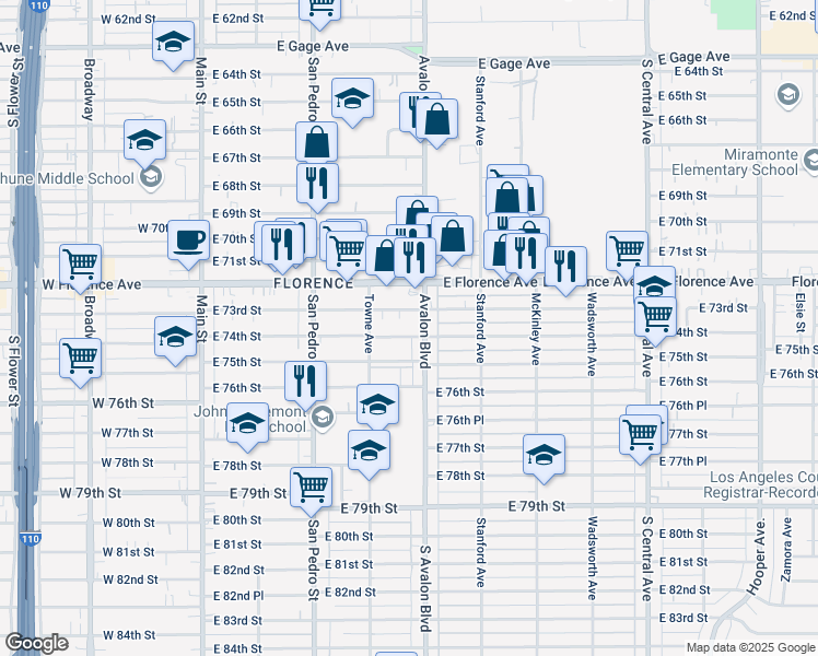 map of restaurants, bars, coffee shops, grocery stores, and more near 2431/2 West 74th Street in Los Angeles