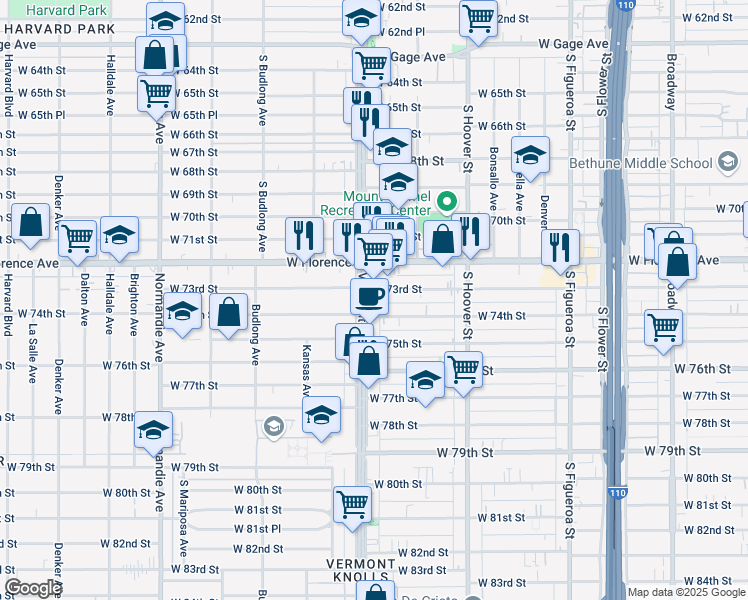 map of restaurants, bars, coffee shops, grocery stores, and more near 7300 Vermont Avenue in Los Angeles